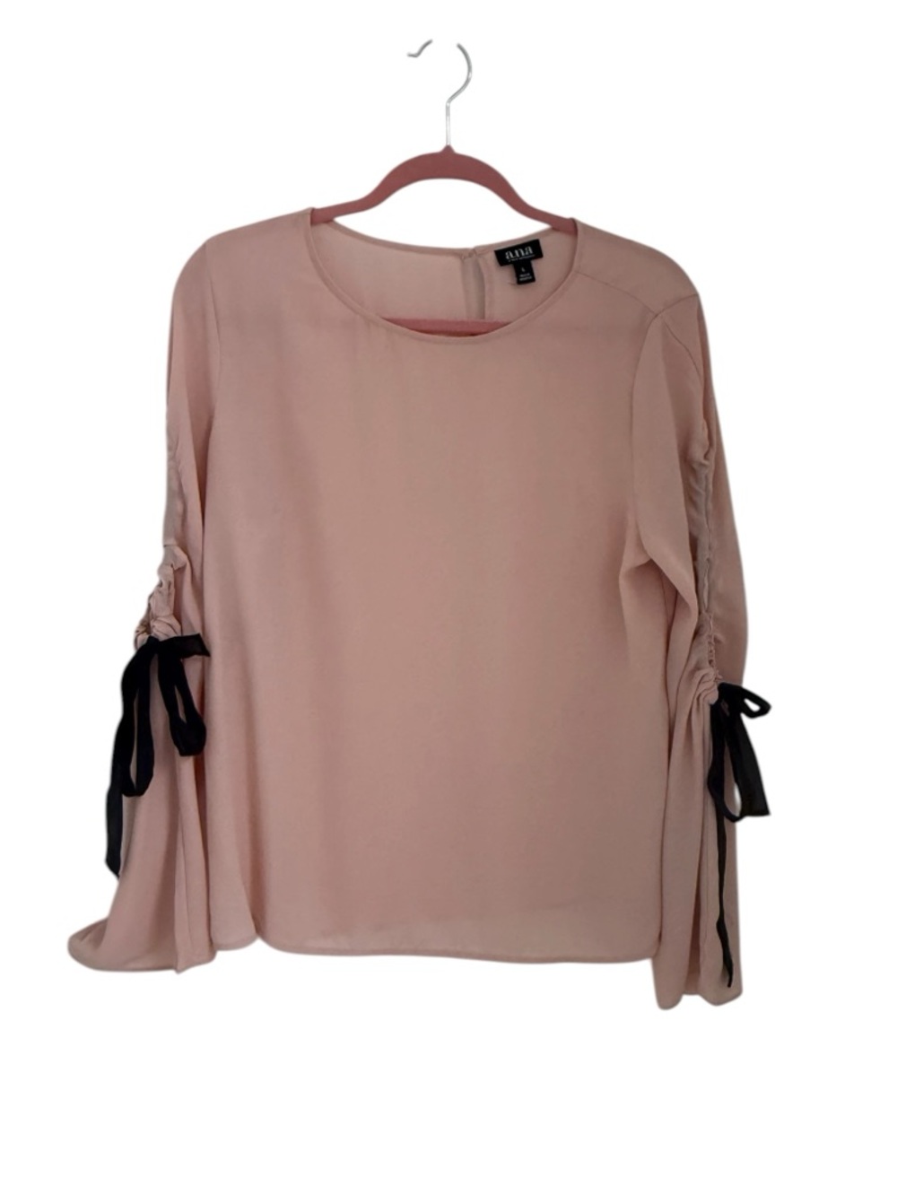 A.N.A  Open Bell Sleeve Blouse with Black Ribbon Bows Rose Quartz Size Large